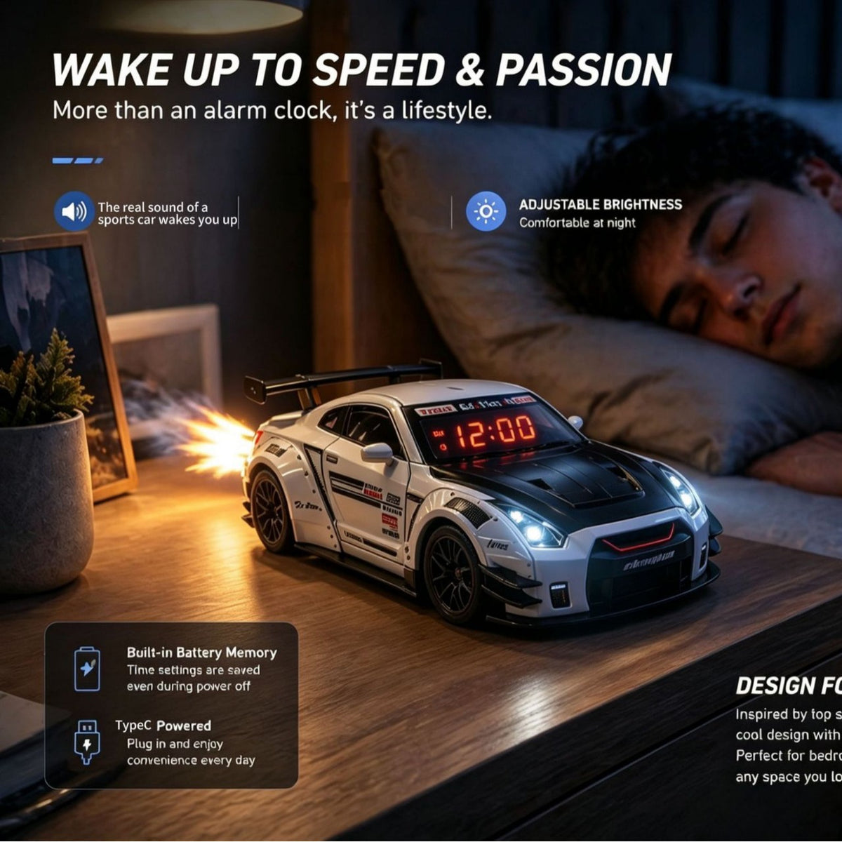 Supercar Alarm Clock with Lights, Sound & Exhaust Mist