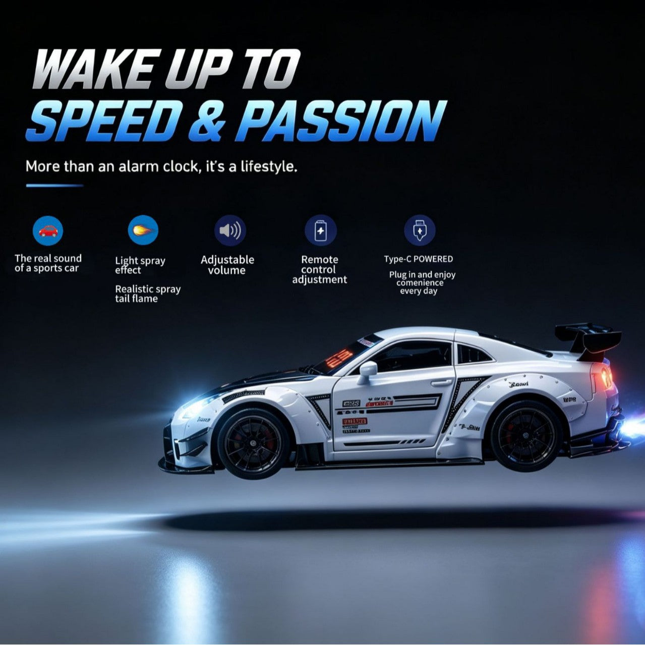 Supercar Alarm Clock with Lights, Sound & Exhaust Mist